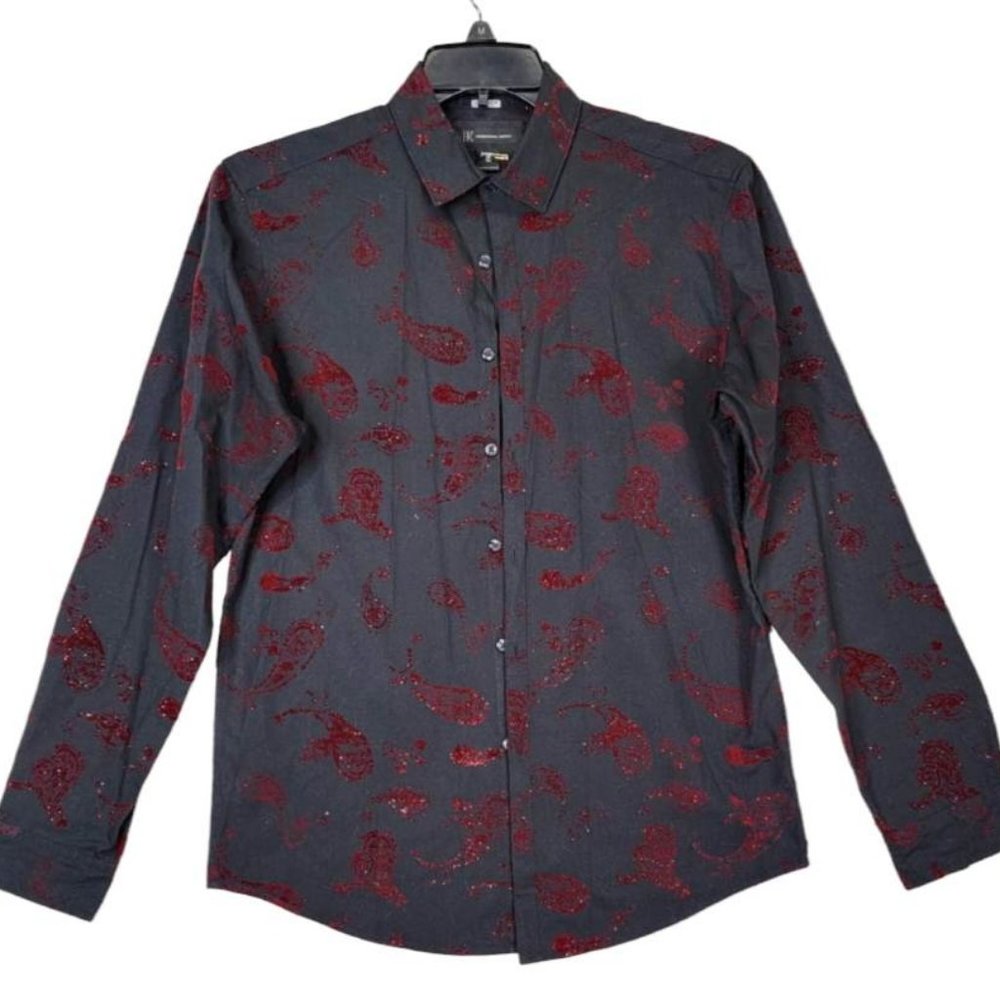 International Concept Men's Black Paisely red Button Front Dress Shirt Sz Small